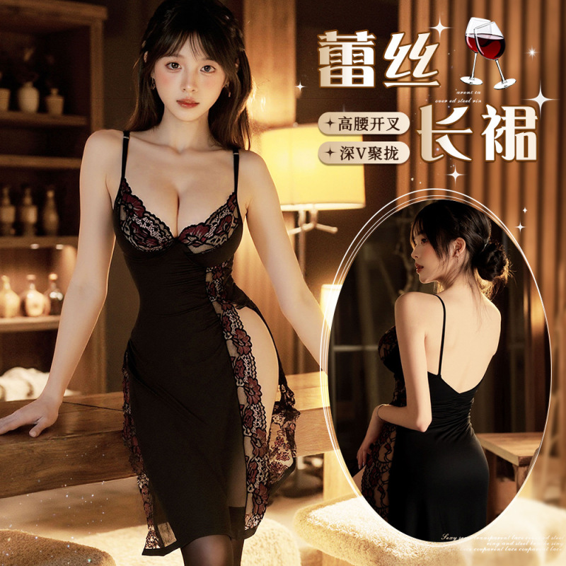 Nighttime Lingerie with Lace Allure, Sexy High-Slit Long Dress, Hot Nightclub Uniform, No-Removal Sleepwear Nighttime Lingerie with Lace Allure, Sexy High-Slit Long Dress, Hot Nightclub Uniform, No-Removal Sleepwear