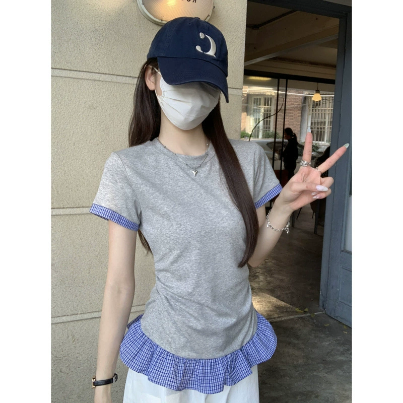 Реальный снимок и реальная цена. Летняя корейская ретро-контрастная клетчатая футболка с плиссированным дизайном и короткими рукавами, топы для женщин.