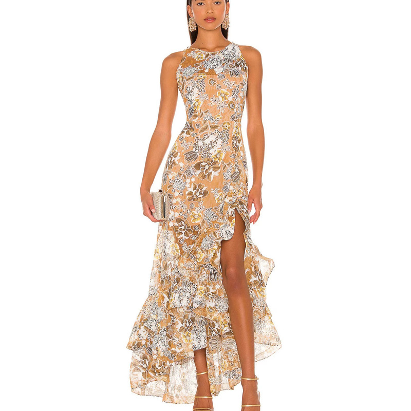 European and American Style Dress for Women on Vacation, Floral Print Mesh Sleeveless Dress with Waist-Cinching Irregular Ruffles, Mid-Length Skirt European and American Style Dress for Women on Vacation, Floral Print Mesh Sleeveless Dress with Waist-Cinching Irregular Ruffles, Mid-Length Skirt
