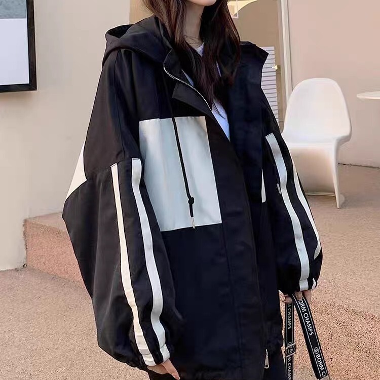 American Hooded Jacket Women's Long-Sleeved Spring & Fall New Loose Large Size Casual Contrast Jacket Fashionable Top American Hooded Jacket Women's Long-Sleeved Spring & Fall New Loose Large Size Casual Contrast Jacket Fashionable Top