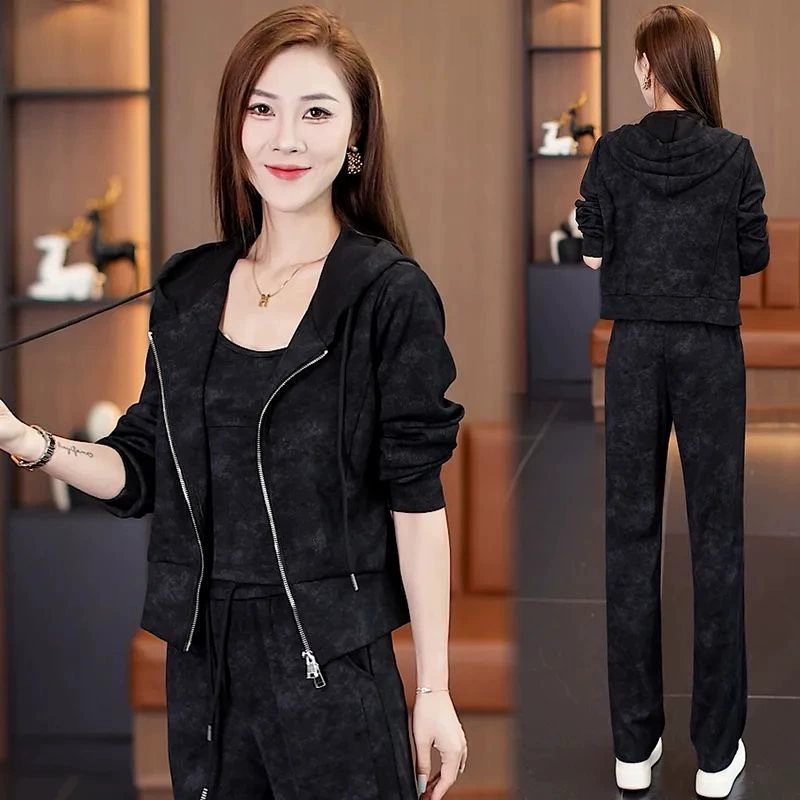 Набор из трех частей темно-серый высокий смысл моды спорт повседневная женщина 2024 ранней осенью новый свободный тонкий костюм