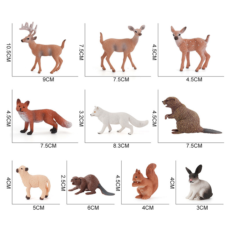Amazon Venta caliente simulación modelo animal salvaje cola blanca ciervo conejo zorro rojo Castor estático sólido conjunto de 10 piezas
