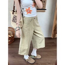 卡其色阔腿七分牛仔裤女夏季薄款新款大码胖mm高腰宽松直筒中裤子