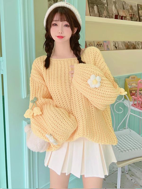New Soft Waxy Milky Yellow Thick Woolen Pullover Sweater for Women Loose Lazy Style Sweet Knitted Top