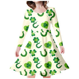 跨境3D数码印花女童长袖连衣裙幸运四叶草小清新休闲圆领公主长裙