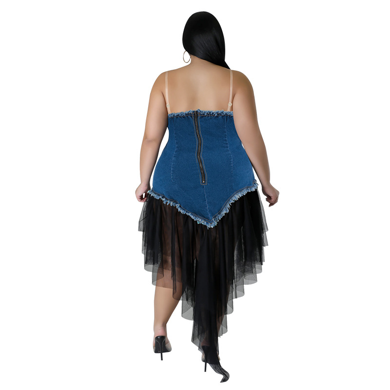 Damen Plus Size Kleid Mit Denim Patchwork Und Mesh Für Jeden Anlass_voghion.com