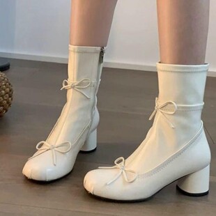 2025 New Spring and Summer Short Boots Chunky Heel White Boots Bow Ballet Stretch Thin Boots Women's Martin Boots