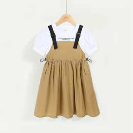 新款休闲中大童女童夏装假两件背带裙背带裙