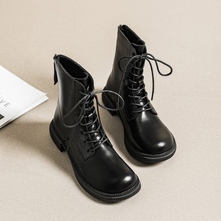 Boots Women's Velvet British Style 2025 New Thick-Soled Elastic Slim Boots Autumn and Winter Lace-Up Short Boots Women's Flats