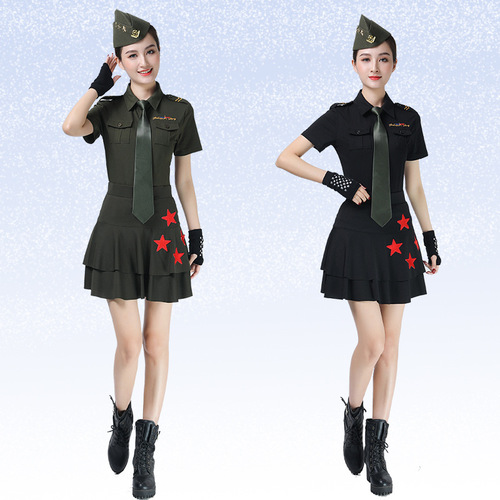Sailor dance costume women's short-sleeved T-shirt square dance dance costume new military green lapel top dance costume