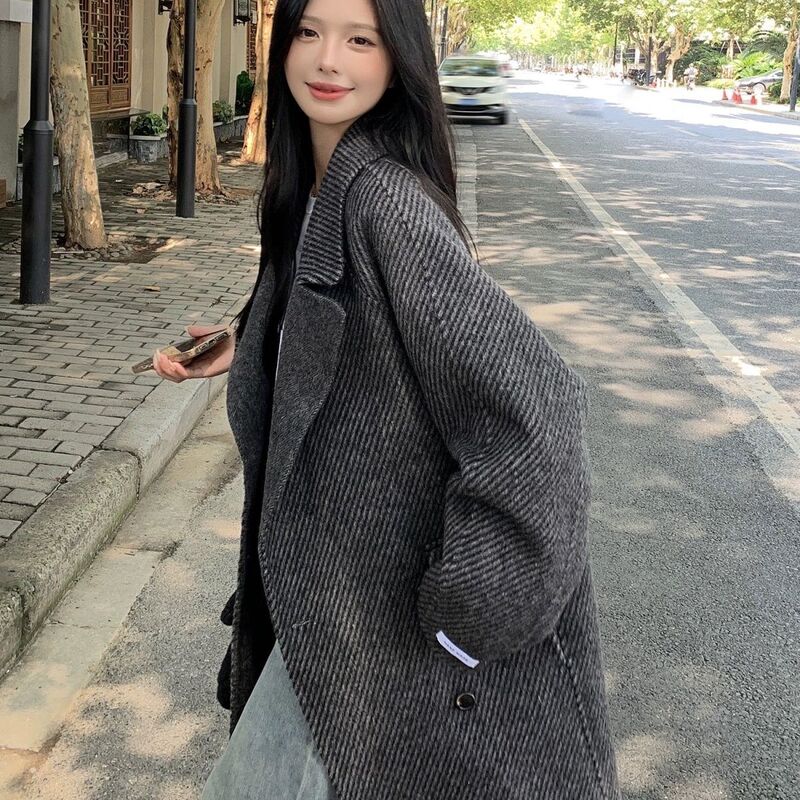 斜纹西装双面羊绒大衣女赫本风羊毛高级感人字纹秋冬宽松毛呢外套|undefined