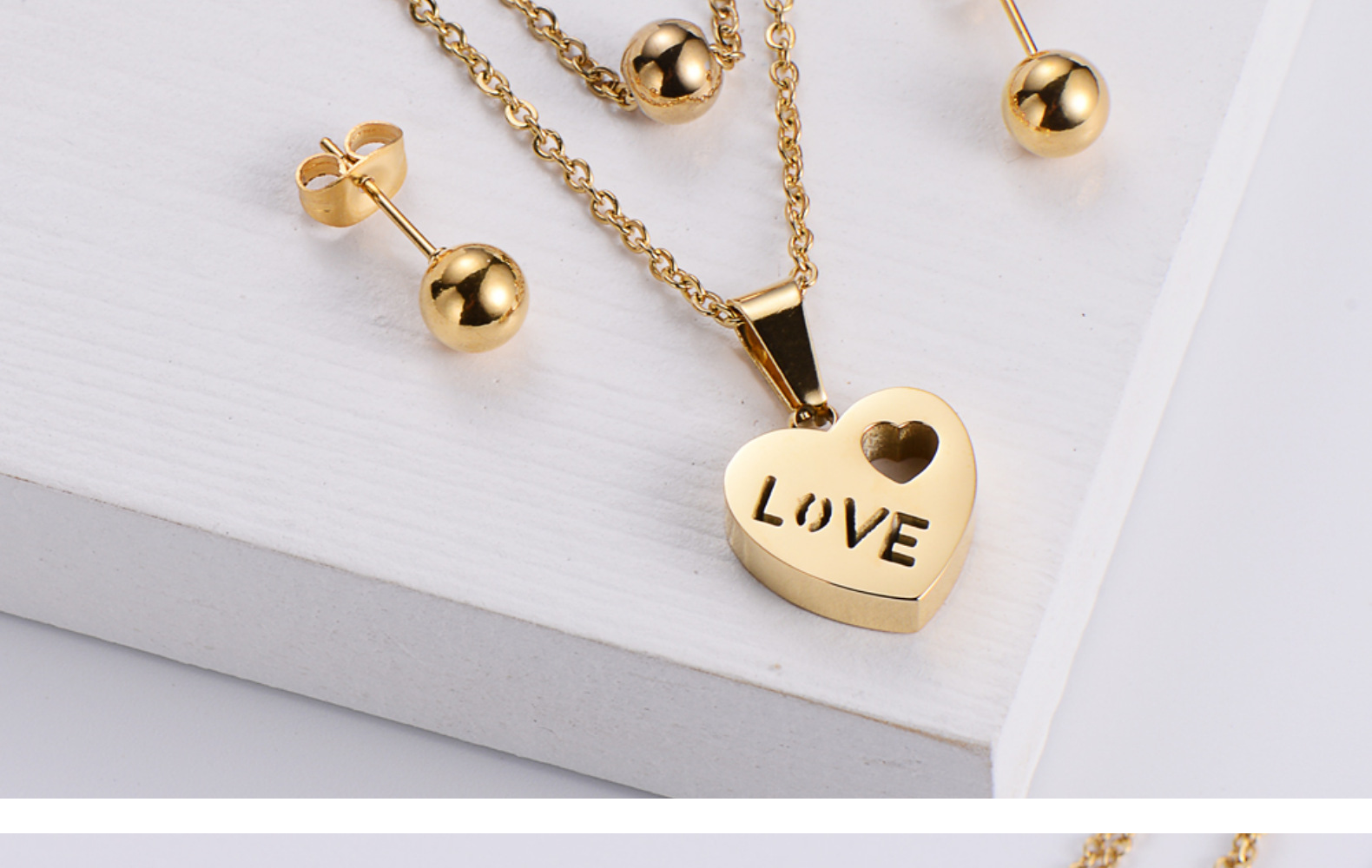 wholesale jewelry round bead heart-shaped pendant titanium steel necklace earrings set nihaojewelry