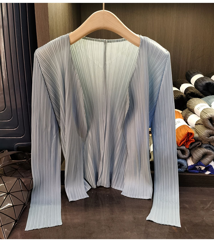 Áo cardigan nữ tay dài xếp ly không cài khuy, phong cách đơn giản cao cấp mùa xuân hè — Màu xanh lam nhạt, Màu đen, Xanh Lông Công, Màu hồng chi tiết 16