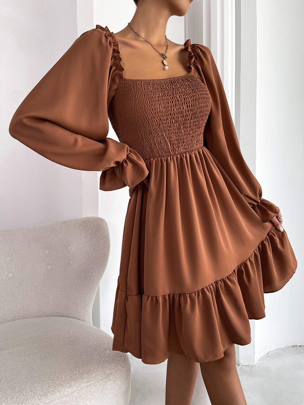 square collar long sleeve ruffle high waist slim solid color dress NSNCK118643