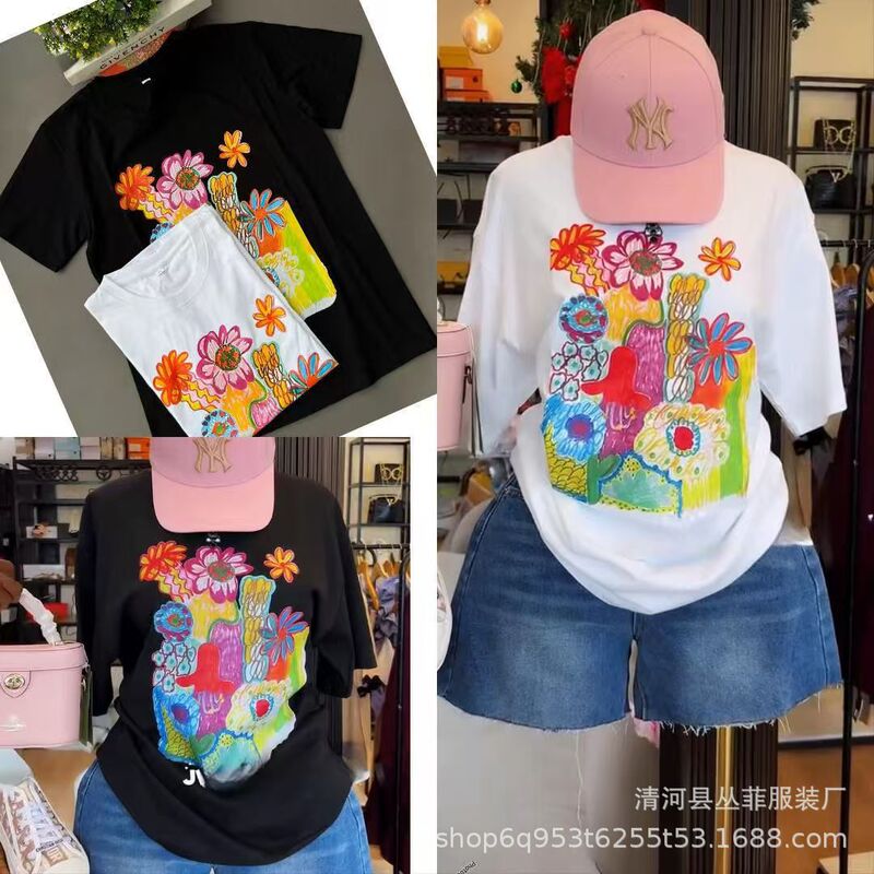 2025 New Dopamine Graffiti Round Neck Pure Cotton Short-Sleeved Men's and Women's T-Shirts Cross-Border Export Export Tops