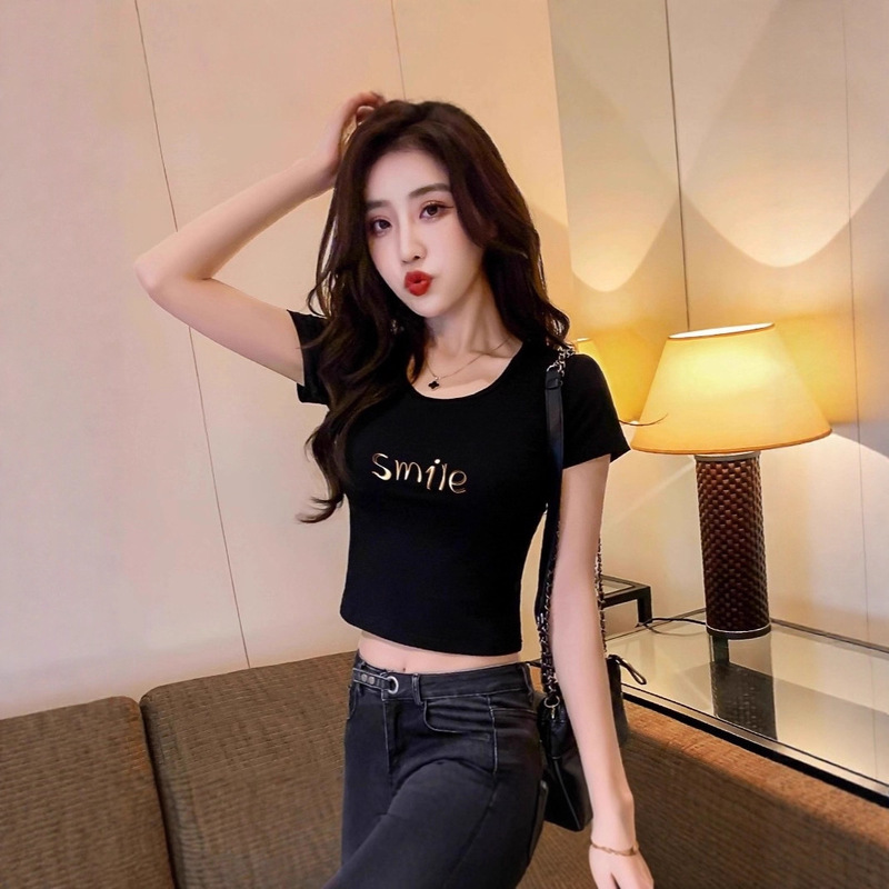 Navel-Baring Short-Sleeved T-Shirt for Women 2025 New Style Black Belly Button Tight-Fitting High-Waisted Bottoming Shirt Short Top for Summer Layering