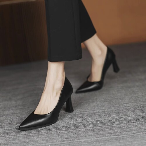 2024 black professional work single-layer shoes, flight attendant formal dress etiquette high heels, work women's shoes, ultra-high heels, slip-feet