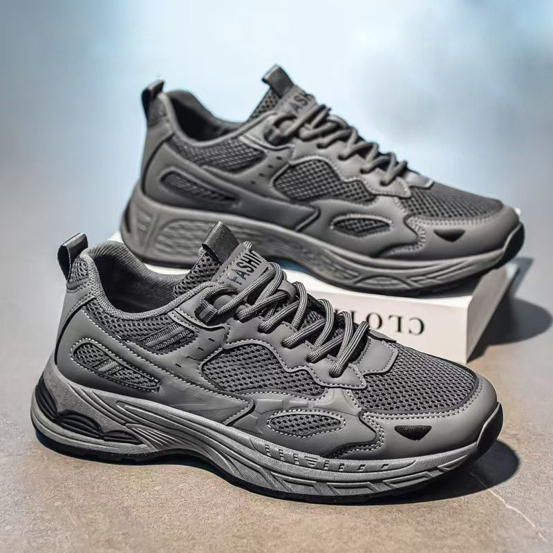 Giày thể thao nam sneaker thân lưới thoáng khí, đế cao su gót thấp, dây buộc, phong cách casual — F901 màu đen, F901 xám nhạt, F901 xám đậm