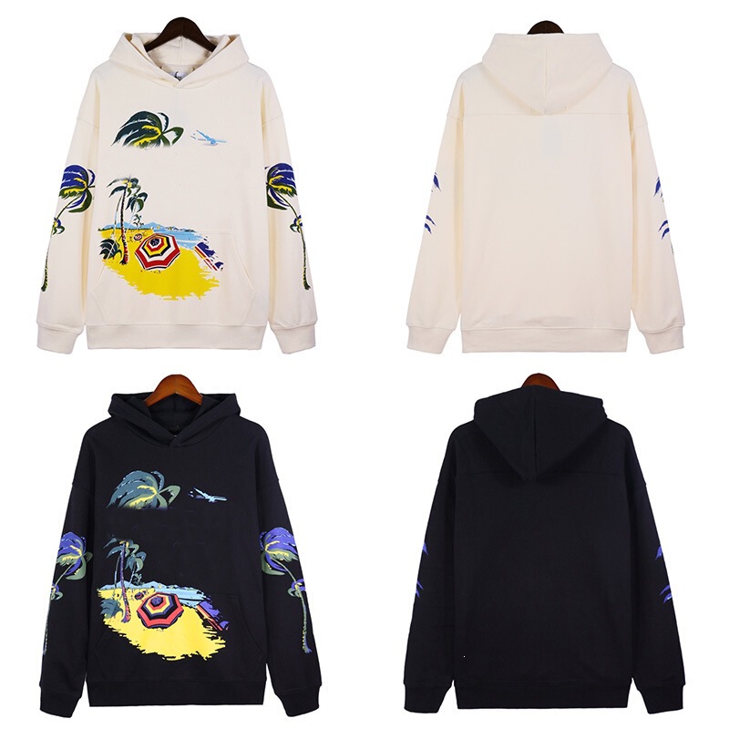 Hoodie with Rhude Slogan, Men's Hooded Sweatshirt with Ins-Style Coconut Tree Beach Print, Heavyweight Pullover for Autumn and Winter