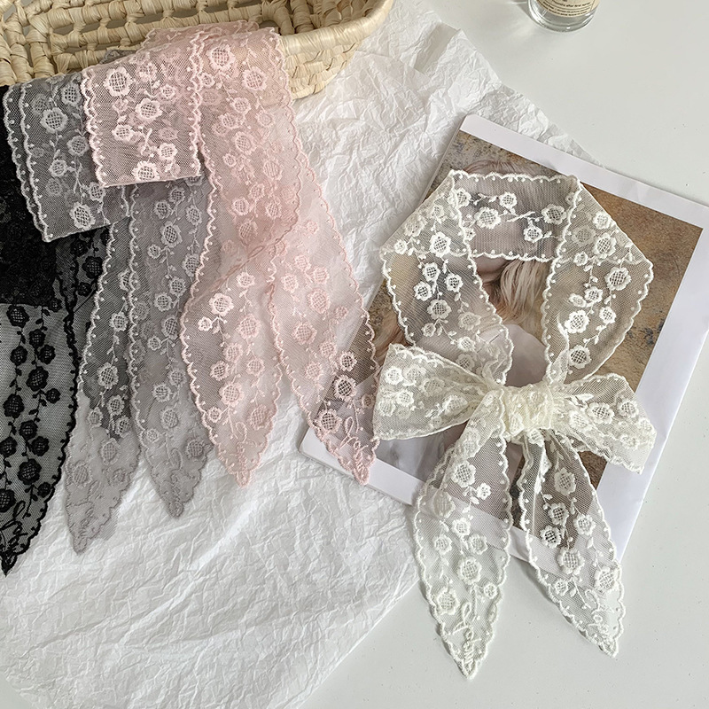 Pañuelo de seda estilo coreano de alta calidad flor blanca bordado encaje bufanda de seda cinturón decorativo mujer primavera y verano bufanda salvaje cinturón para el cabello