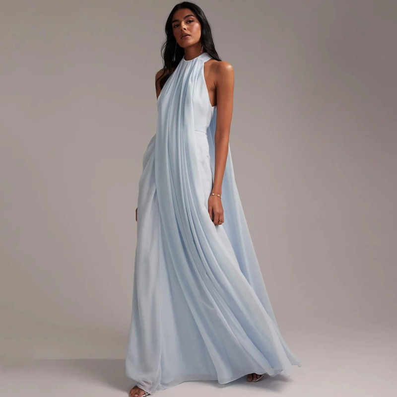 Cross-Border Evening Dress, Elegant Catwalk Halter-Neck Dress, Light Blue Sleeveless Long Banquet Dress