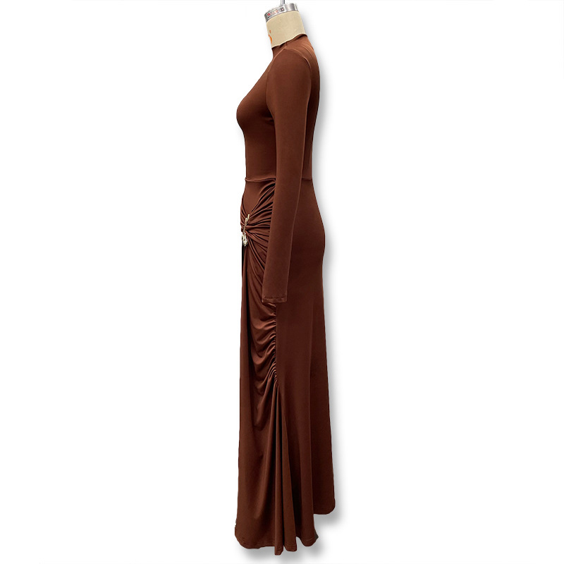 Women's Solid Color round Neck Dress Long Sleeve Fashionable Temperament European American Style Autumn New Clothing with Decorative Ring Buckle_ecoleips.com