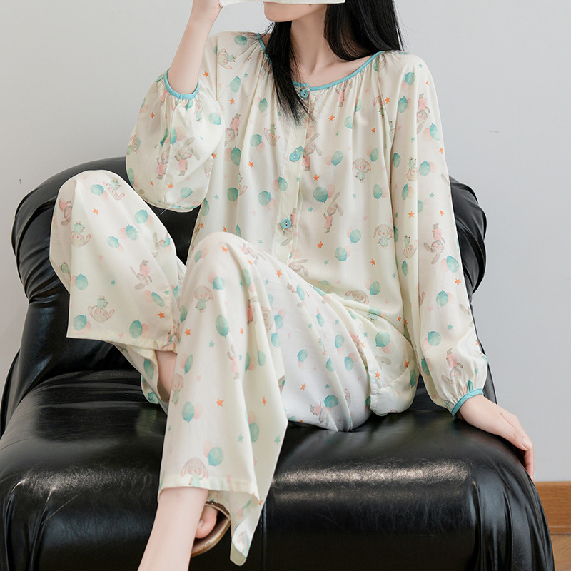 2025 New Cotton Silk Pajamas Women's Spring and Autumn Middle-aged and Old Mother's Cotton Silk Home Clothes suit Can be Wearing in Summer
