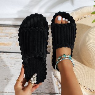 Cross-border Foreign Trade New Plush Slippers Open Toe Flat Bottom Indoor Home All-match Internet Celebrant Fashion Moon Cotton Slippers