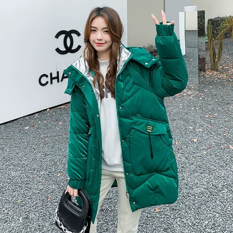 Long winter glossy fashionable down jacket with hood with down, mid-length, 2023, European style