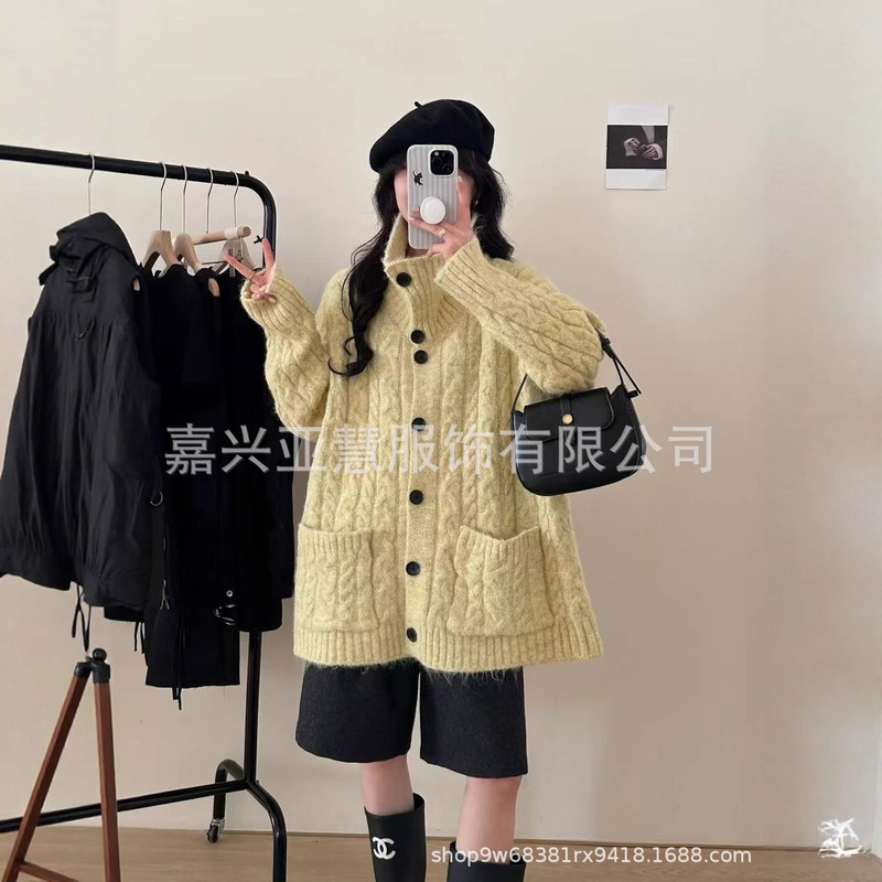 爆款粗线加厚毛衣外套宽松慵懒风麻花上衣针织开衫女可加狐狸毛毛|undefined