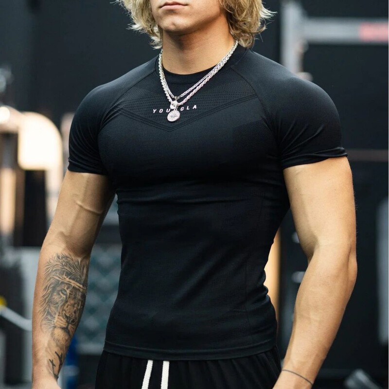 Youngla Men's T-Shirt Sports Fitness Quick-Drying Breathable Stretch Fitness Clothes Jogger Outdoor Running Basketball Clothes