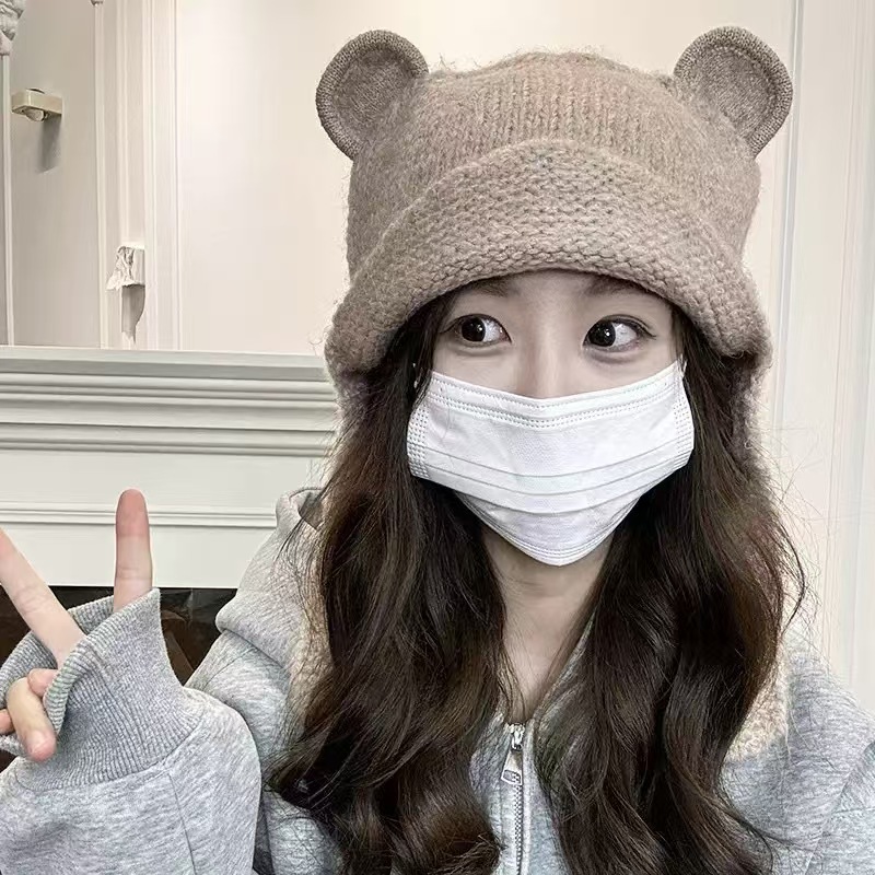 日系减龄可爱针织耳朵小熊含羊毛线帽雷锋子女护耳新款保暖帽子|undefined
