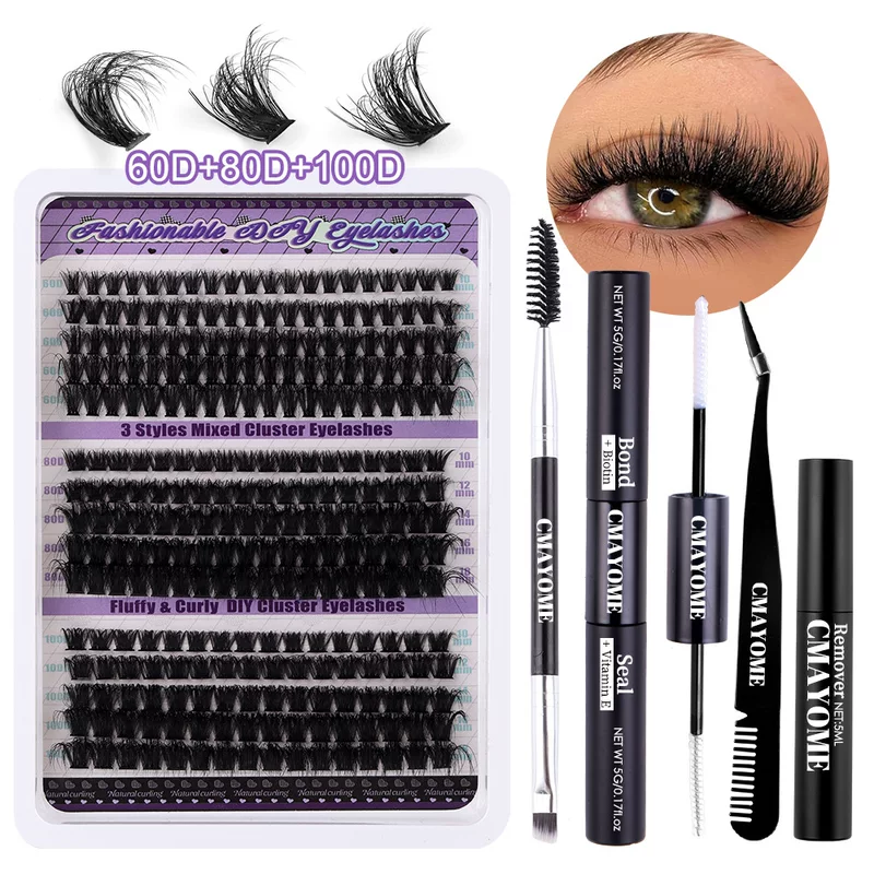 DIY Eyelash Set, Mixed Cluster Fluffy & Curly 30D–100D, Multi-size Kits with Optional Tools