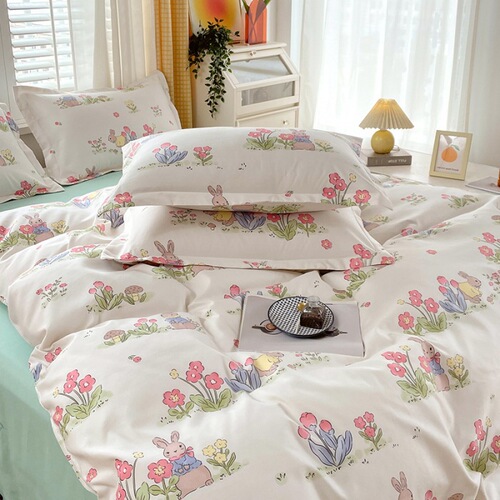 Small fresh thickened brushed four-piece set wholesale AB version student home machine washable bed sheet and quilt cover three-piece set