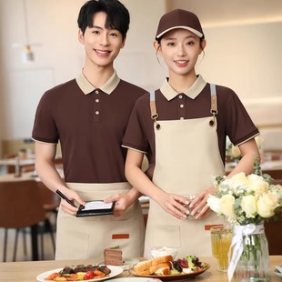 Fast food barbecue shop summer overalls short sleeve printing milk tea shop cafe hotel staff thin lapel T-shirt