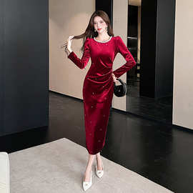 2025秋季新款时尚秋季金丝绒长裙包臀连衣裙小单快返定/制可优惠