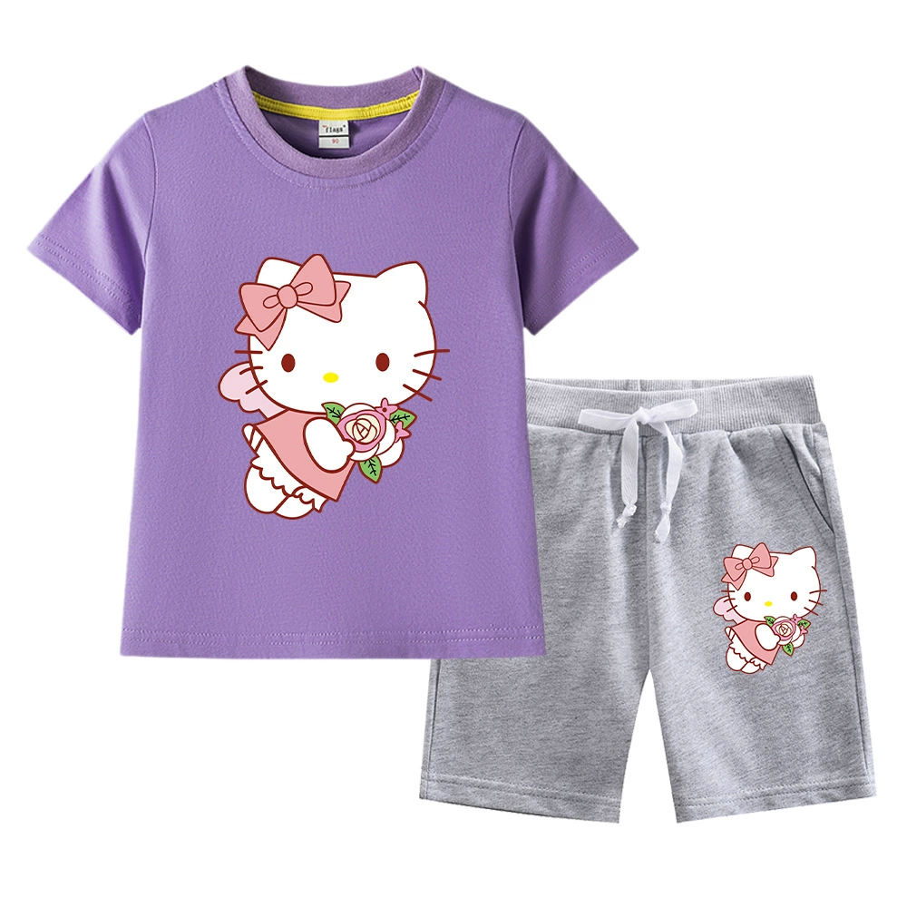 Hello kitty, комплект, летняя одежда, хлопковая футболка с короткими рукавами, корейский стиль