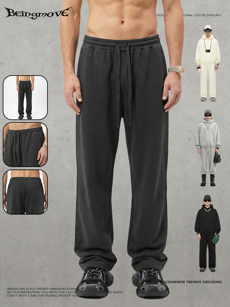 Calle seca 2026 otoño americano pulgar cordón elástico de cintura pantalones de moda de color sólido pantalones rectos sueltos para hombres