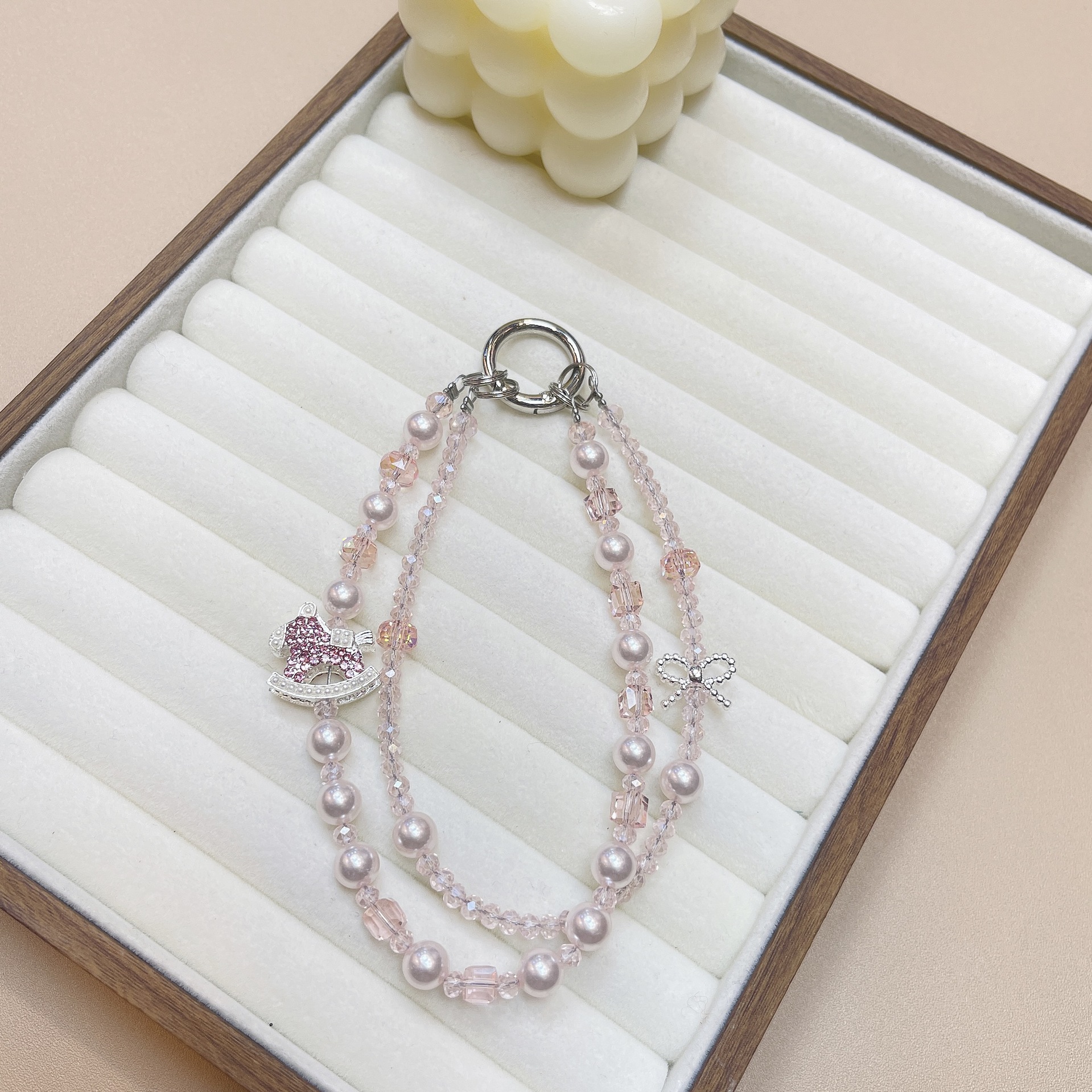 Ins viento hecho a mano perla de doble cadena para teléfono móvil cordón creativo pedrería troyano colgante muñeca cristal de una pieza