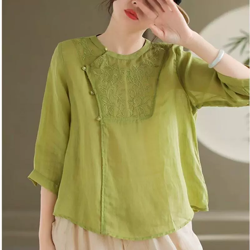 Экспортная стильная женская одежда в стиле ретро, ​​рубашка из хлопка и льна с косыми лацканами и вышивкой, женская новая однотонная свободная пуловерная рубашка в стиле шинуазри