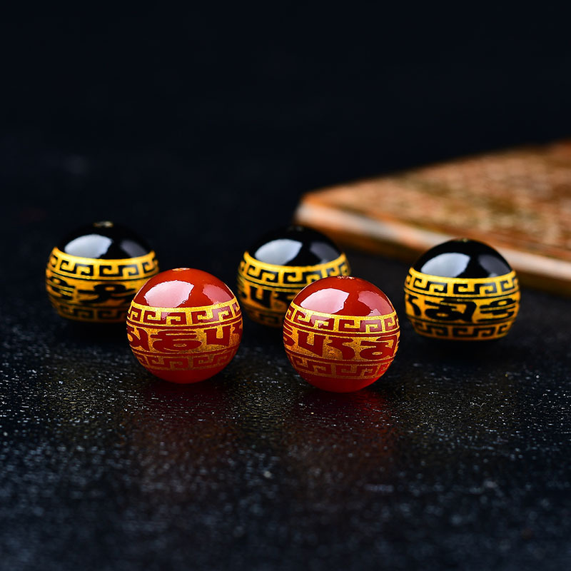 Natural Red and Black Agate Carving Six-character Mantra Bronzing Round Beaded Beaded Bracelet DIY Crystal Beaded Jewelry Accessories