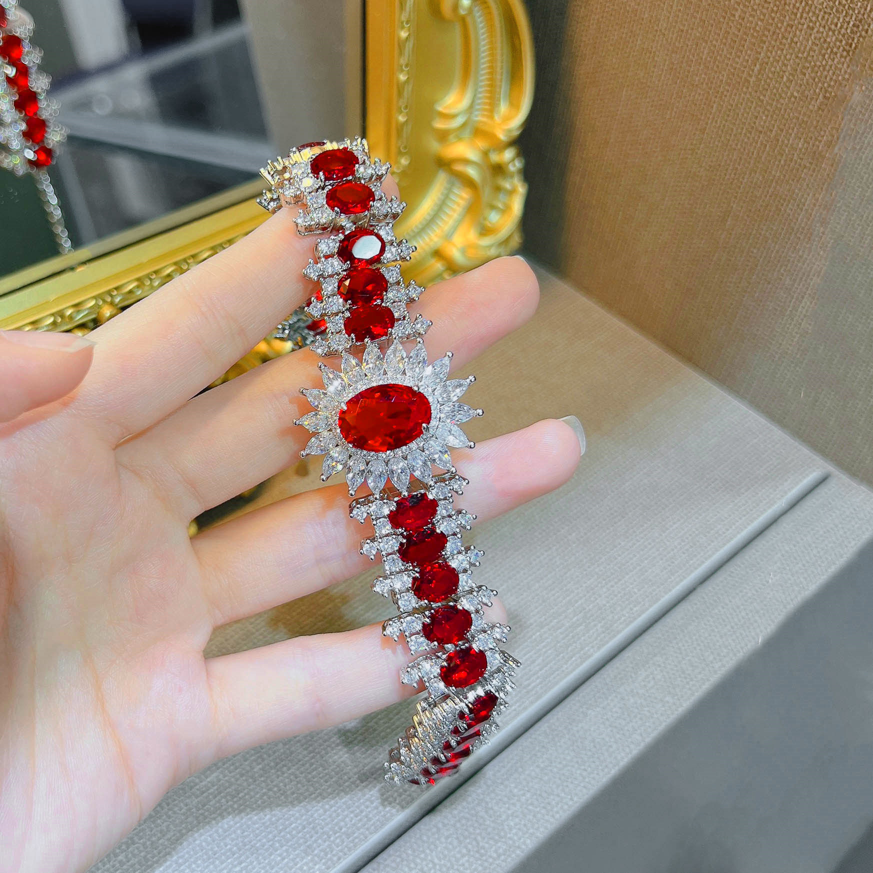 Fashion Flower Copper Bracelets Inlay Artificial Gemstones Copper Bracelets