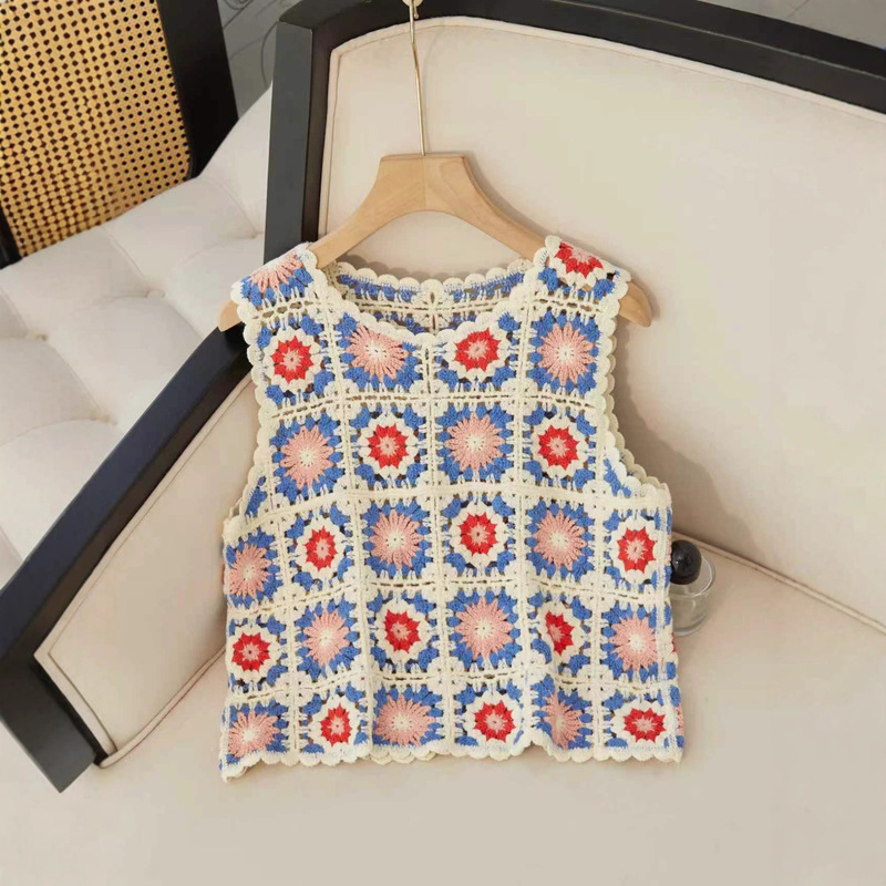 2025 Bohemian Style Colorful Patchwork Crochet Sleeveless Vest for Women Cut Out Lace Short Knitted Top 2025 Bohemian Style Colorful Patchwork Crochet Sleeveless Vest for Women Cut Out Lace Short Knitted Top