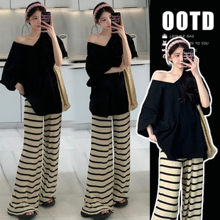 22025 Summer Suit, Lazy Style Two-Piece Set, Korean Style Fashionable Loose T-Shirt + Stripesd Wide-Leg Pants Two-Piece Set