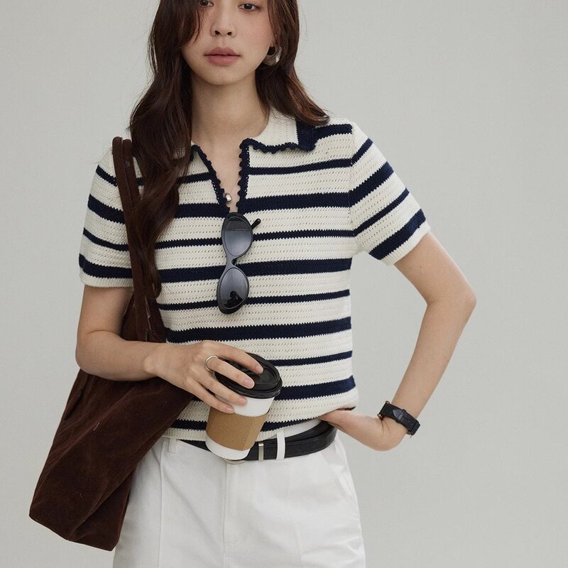 Contrast Color Striped Knitted Short-Sleeved T-Shirt for Women, Summer Polo Collar Casual Work Clothing Versatile Top