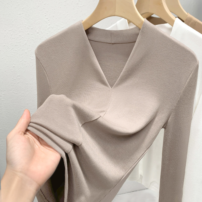 Medium-sleeved T-shirt Women's New Women's Clothing Solid Color Threaded Half-sleeved T-shirt Temperament Deep V-neck Waist Top Short Sleeve_ecoleips.com