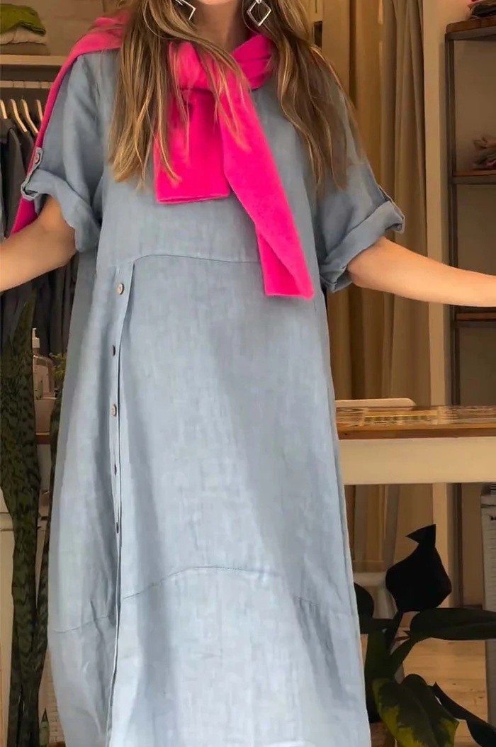 New 2024 women's summer style loose fitting casual solid color short sleeved cotton linen dress_voghion.com