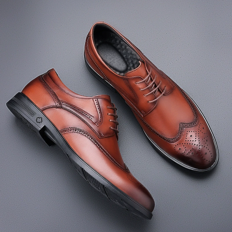 Мужская обувь, броги, деловая повседневная обувь, формальные кожаные туфли с резной полированной воловьей поверхностью, британская весна, низкий острый носок