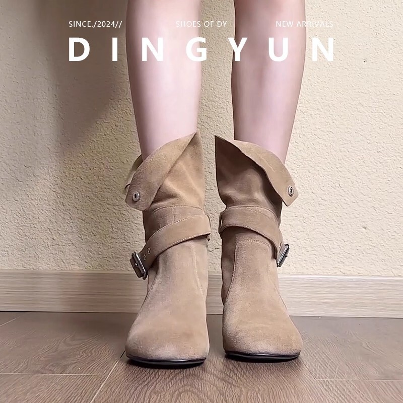 Soft Leather Version ~ New Fashionable Niche Design Inner Heightening Western Boots Women's Belt Buckle Two-Wear Nubuck Leather Short Boots
