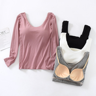 Modal long-sleeved T-shirt with chest pad underwear thin thread cup one-piece thermal top with large neckline and backless V-neck